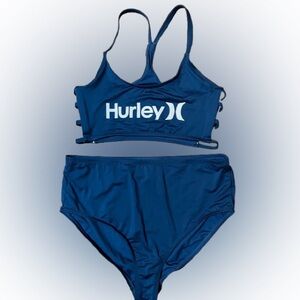 Hurley Women's Navy And White Bikini Top and Bottom Set Size 1X